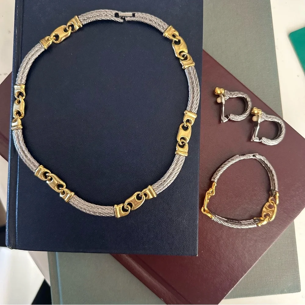 Vintage GUCCI Gold & Silver Horsebit Necklace, Bracelet & Earring—Rare Set - Picture 13 of 14